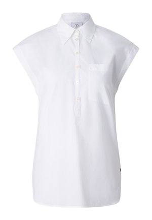 Hvid ærmeløs skjorte med krave, knaplukning og brystlomme, vist mod en ensfarvet baggrund.