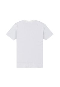 Hvid bomulds t-shirt med korte ærmer, rund hals og en glat overflade. Ingen synlige mønstre eller logoer på ryggen.