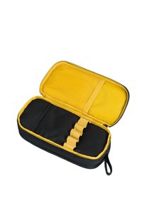 Black zippered case with yellow interior, featuring a mesh pocket and elastic straps for organized storage. Durable fabric, rectangular shape.