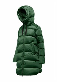 Groene pufferjas met een capuchon, met een doorgestikte ontwerp, vooraan met ritssluiting en zwarte accenten. Lichtgewicht en geïsoleerd materiaal.