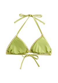 Top de bikini triangular verde cu accente texturate crem pe margini, cu bretele halter reglabile și închidere cu șnur.