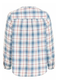 Chemise à manches longues avec motif à carreaux bleu et rouge, empiècement dos plissé et poignets boutonnés, vue de dos.