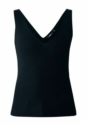 Zwarte geribbelde tanktop met een diepe V-halslijn, voorzien van brede schouderbanden en een strakke pasvorm voor een gestroomlijnde silhoeet.
