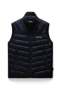 Navyblauer Puffer-Weste mit einem hohen Kragen, ausgestattet mit einem Chevron-Steppdesign, Frontreißverschluss und zwei Seitentaschen mit Zip-Verschlüssen.