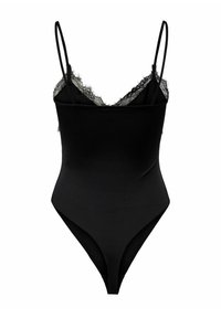 Sort dragt med tynde justerbare stropper, med blonder langs udskæringen og et ben med høj udskæring. Glat, elastisk stof.