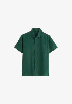 Sötétzöld rövid ujjú ing gallérral és mellzsebbel, fehér háttéren megjelenítve.