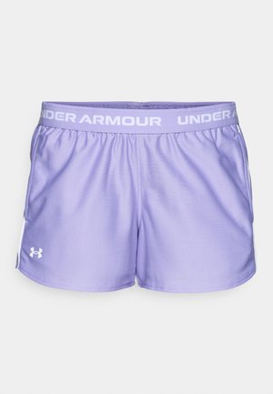 Calções desportivos roxos com um cós elástico branco com o logótipo "Under Armour". Feitos de um tecido suave e leve, com bolsos laterais.