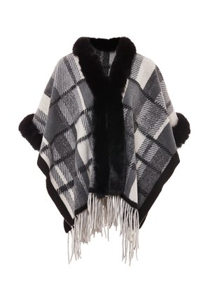 Schwarz-weißer karierter Poncho mit Kunstfellbesatz, fransigen Kanten und weicher Textur. Verfügt über ein Schalldesign.
