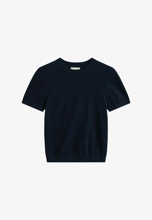 Navyblauwe korte mouwen t-shirt van zacht materiaal. Bevat een ronde hals, ribgebreide manchetten en een aansluitende vorm zonder patronen of accenten.