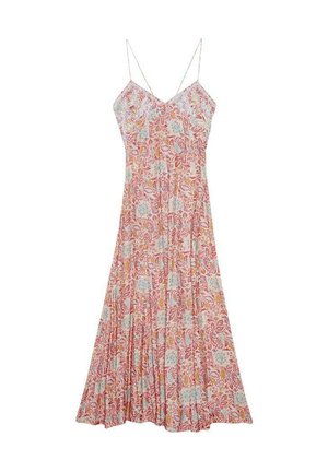 Vestido maxi floral en colores pastel, con finos tirantes de espagueti, un escote en forma de V y una falda acampanada con cintura fruncida.