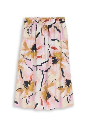 Midi-Rock mit elastischem Bund und Kordelzug, mit abstrakten Blumenmustern in Pink, Beige, Schwarz und Senffarben.