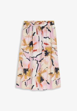 Midi-Rock mit elastischem Bund und Kordelzug, mit abstrakten Blumenmustern in Pink, Beige, Schwarz und Senffarben.