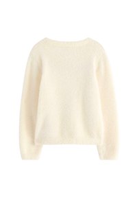 Maglione bianco peloso con scollatura rotonda, maniche lunghe e vestibilità rilassata, caratterizzato da una texture morbida e un design minimale.