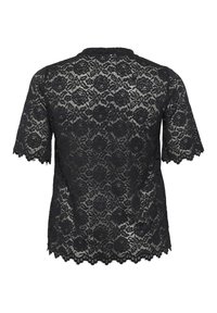 Black lace top featuring short sleeves, floral pattern, scalloped hem, and a soft, delicate texture. Designed with a round neckline.