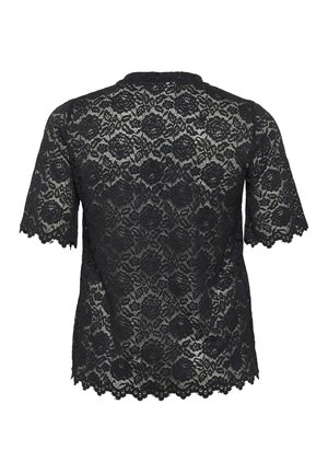 Schwarzes Spitzenoberteil mit kurzen Ärmeln, floralen Mustern, gewelltem Saum und einer weichen, zarten Textur. Entworfen mit einem runden Ausschnitt.