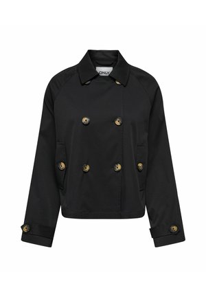 Veste noire courte à double boutonnage avec six boutons marron, large col, poches latérales et poignets boutonnés.