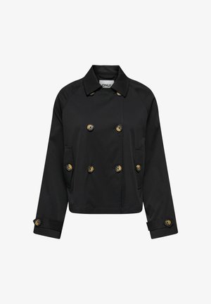 Veste noire courte à double boutonnage avec six boutons marron, large col, poches latérales et poignets boutonnés.