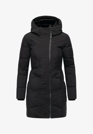 Juodas pūkinis džinsas su kapišonu, pateikiantis priekinį užtrauktuką, sukimštą tekstūrą, ilgas rankoves ir papildytas juostuotais manžetais.