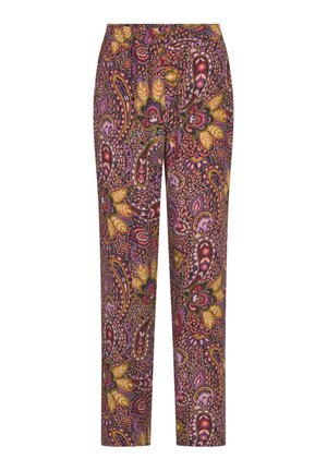 Mehrfarbige Hose mit Gummizug, die ein Paisley-Muster in den Farben Rosa, Orange und Grün zeigt, mit einer glatten, leichten Textur.