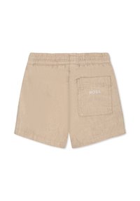 Shorts in cotone beige con una finitura testurizzata, vita elasticizzata e una tasca posteriore con la scritta "BOSS" ricamata in bianco.