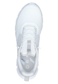 White athletic shoe with mesh upper, round toe, and laces; textured insole with printed accents. Flat rubber sole, minimalist design.