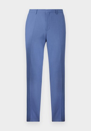 Pantalons ajustés bleu clair avec une texture lisse, présentant des plis marqués, une taille plate et sans poches visibles ni embellissements.