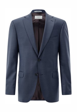 Men's navy blue two-button suit jacket with notch lapels, chest pocket, and flap pockets, shown on a white background.
