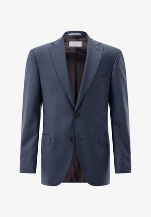 Men's navy blue two-button suit jacket with notch lapels, chest pocket, and flap pockets, shown on a white background.
