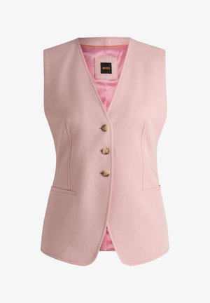 Pink sleeveless vest with a V-neck, featuring three gold buttons, two pockets, and a smooth texture with a contrasting pink lining.