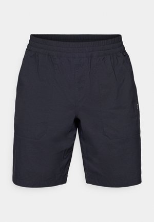 Navy blue shorts with an elastic waistband, two side pockets, and smooth texture. Designed for comfort and ease of movement.