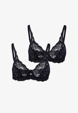 Černé krajkové podprsenky s vroubkovanými okraji, nastavitelnými ramínky a malou ozdobnou mašličkou uprostřed. Měkká, texturovaná tkanina s květinovými vzory.