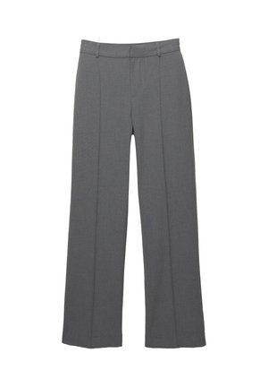 Grå vidde bukser lavet af et tekstureret stof, med en flad front, to lodrette folder og en standard taljebånd.