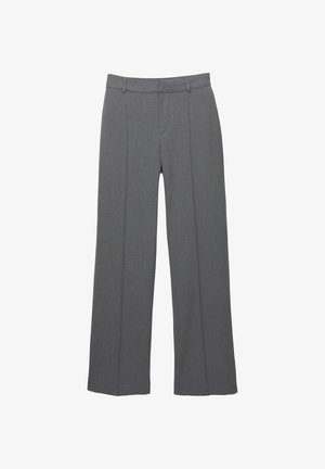 Pantaloni grigi a gamba larga realizzati in tessuto strutturato, con parte anteriore piatta, due pieghe verticali e una cintura standard.