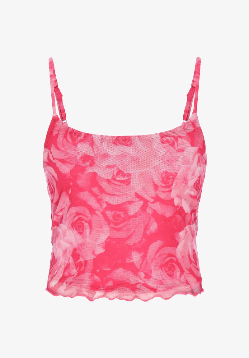 Camisole courte rose avec bretelles réglables et un motif général de roses roses claires sur un fond rose plus foncé.