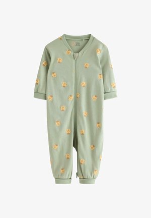 Hellgrüner Overall aus weicher Baumwolle, mit einem Reißverschluss und kurzen Ärmeln, verziert mit kleinen gelben Tiermustern.