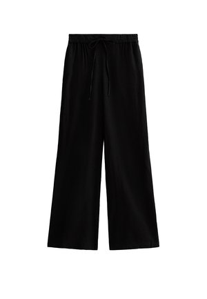 Pantalon noir à jambes larges avec taille élastique et cordon de serrage réglable, fabriqué en tissu léger.