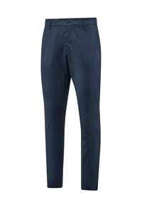 Navyblauwe aangepaste broek van een soepele stof, voorzien van zijzakken, een knoopsluiting en een slim fit ontwerp met een rechte pijp.