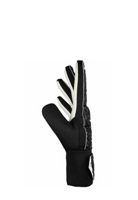 Black goalkeeper glove with textured black latex palm, cream finger tips, and a black elastic wrist cuff. Features a stitched design pattern.