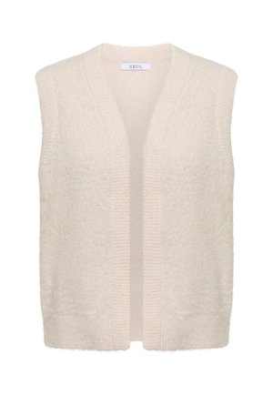 Lichtbeige mouwloze cardigan gemaakt van zacht, vederlicht materiaal. Beschikt over een V-hals, open voorkant en gestructureerde ribbels aan de randen.