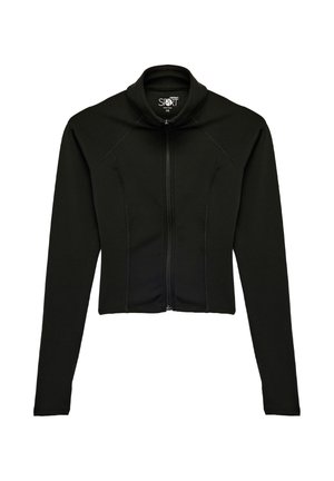 Sort cropped jakke med lange ærmer og høj krave. Glat stof, lynlås foran og sømdetaljer langs ærmer og krop.
