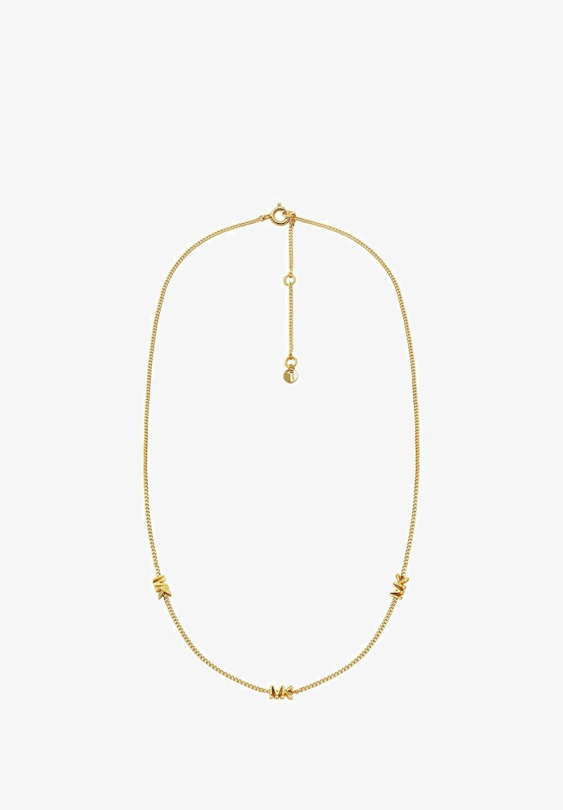 Guld-tone kædeden med indlagte geometriske accenter, glat tekstur, justerbar længde og en fjederlås.}}