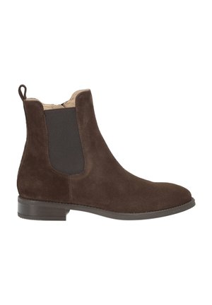 Brauner Chelsea-Boot aus Wildleder mit elastischem Seitenteil, niedrigem Absatz und Zuglasche hinten, aus der linken Seitenansicht gezeigt.