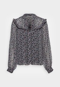 Blusa preta com padrão floral, com colarinho ruffle, mangas longas transparentes e detalhe de laço na gola. Padrão floral pequeno e multicolorido em toda a peça.