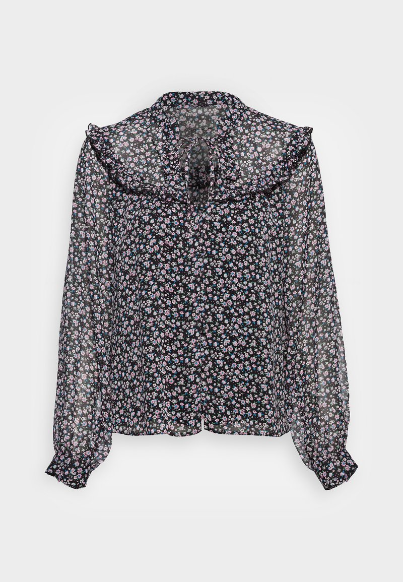 Blusa preta com padrão floral, com colarinho ruffle, mangas longas transparentes e detalhe de laço na gola. Padrão floral pequeno e multicolorido em toda a peça.