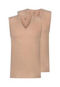 Beżowe bezrękawniki z dekoltem w serek, wykonane z teksturowanej bawełny. Zestaw zawiera dwie sztuki o tym samym kolorze i stylu.