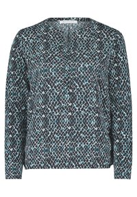 Langärmlige Bluse mit dunklem Hintergrund und hellblauen sowie weißen geometrischen Gittermustern. V-Ausschnitt mit dezenten Knöpfen.