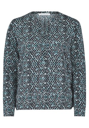 Langemouwen blouse met een donkere achtergrond en lichte blauwe en witte geometrische rasterpatronen. V-hals ontwerp met subtiele knopen.