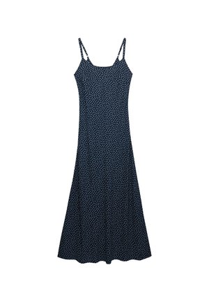 Granatowa sukienka bez rękawów z cienkimi ramiączkami i drobnym białym kwiatowym wzorem, dopasowana u góry i z lejącym się dołem sięgającym poniżej kolan.