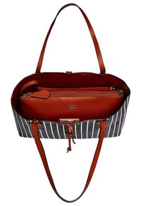 Sac fourre-tout en tissu rayé avec des accents en cuir marron, intérieur orange, poche zippée et double bandoulière.