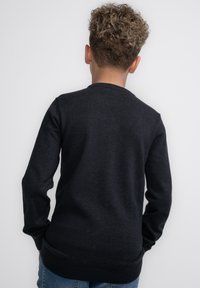 Donkergrijze gebreide trui met een ronde hals, ribbelzoom en lange mouwen, gedragen over blauwe spijkerbroeken, met een eenvoudige achterkant.